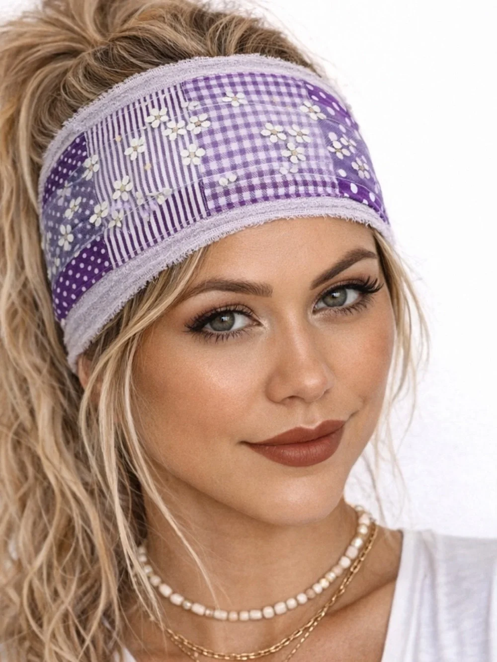 Boho Patchwork Wide Headbands Duo, Fits All Rhinestone Cotton Linen Hairbands